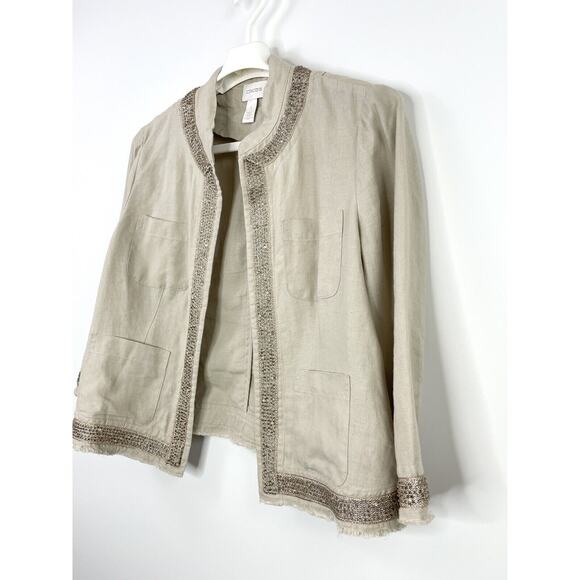 Chico’s Size 1 Women’s 8/M Linen Jacket Metallic Bead Trim Khaki Raw Hem - Picture 2 of 10